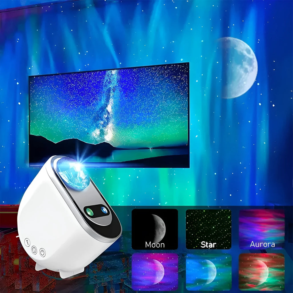 White Northern Lights galaxy star projector with remote control showing galaxy projection effects