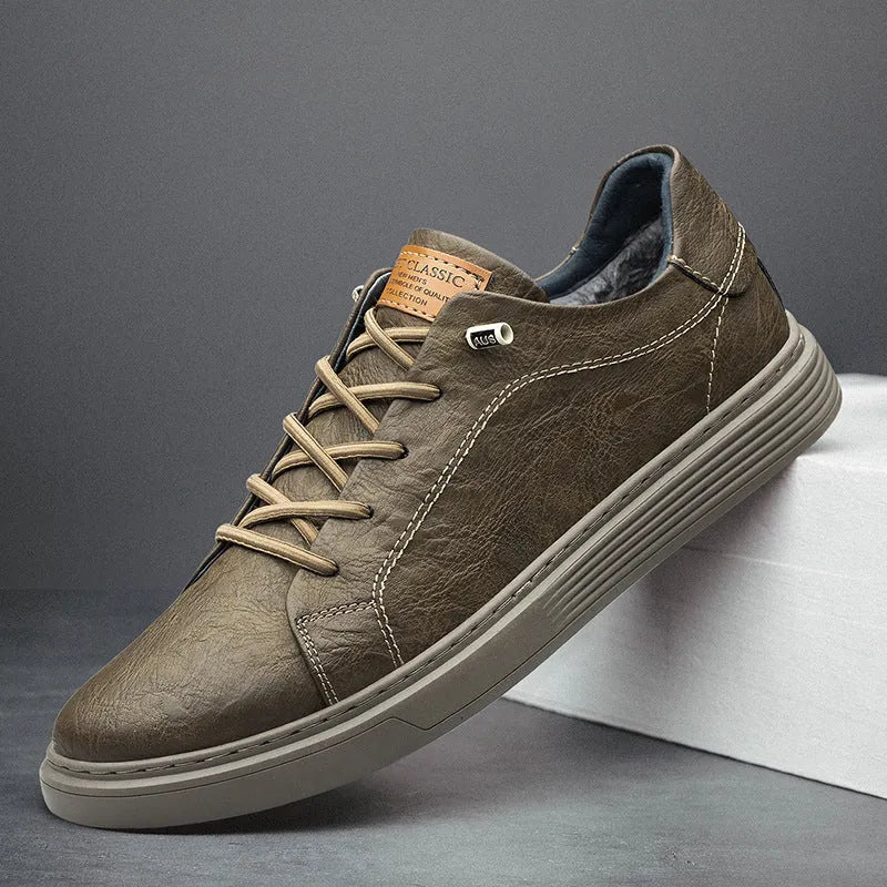 Two-layer cowhide casual sneakers low-top men's shoes in beige with front lace-up and round toe
