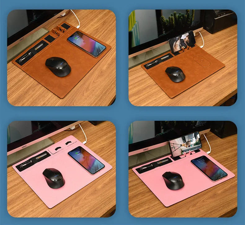 Pink multifunctional wireless charging gaming mouse pad with phone holder, 320mm by 260mm.