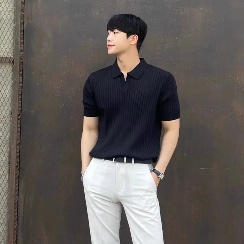 Summer stripes short sleeve polo shirt for men, slim fit, available in black, white, green, apricot, sizes M–3XL