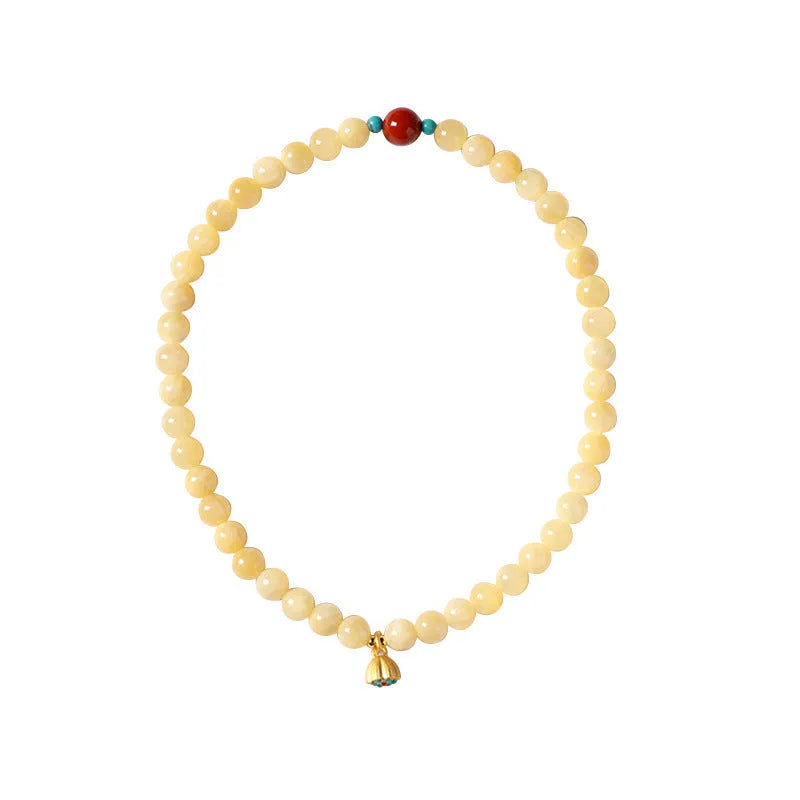 Handmade yellow jade double ring bracelet with lotus seedpod pattern and 8mm 6mm beads