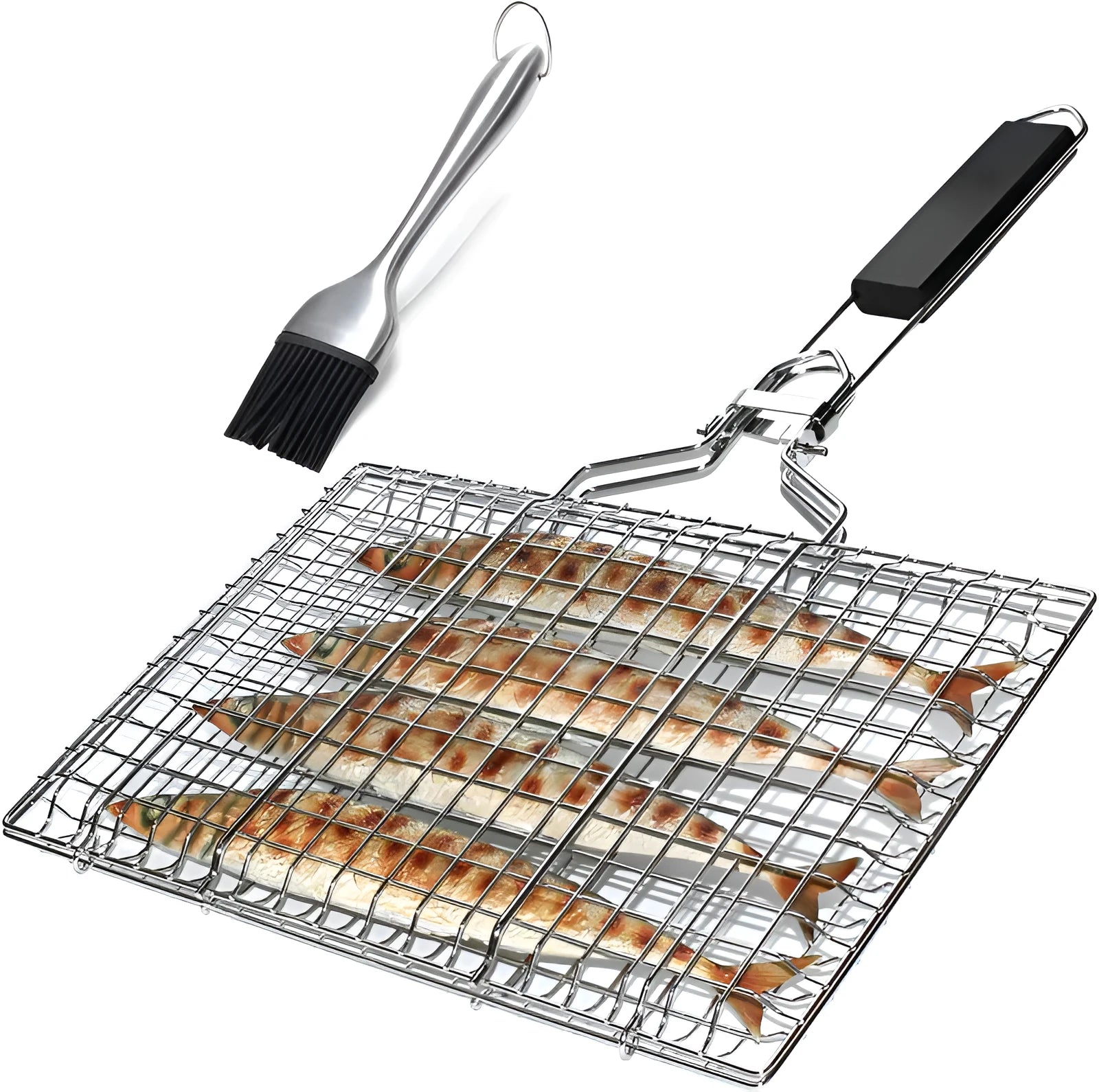 Square folding stainless steel wire barbecue mesh basket with a cleaning brush on a grill.