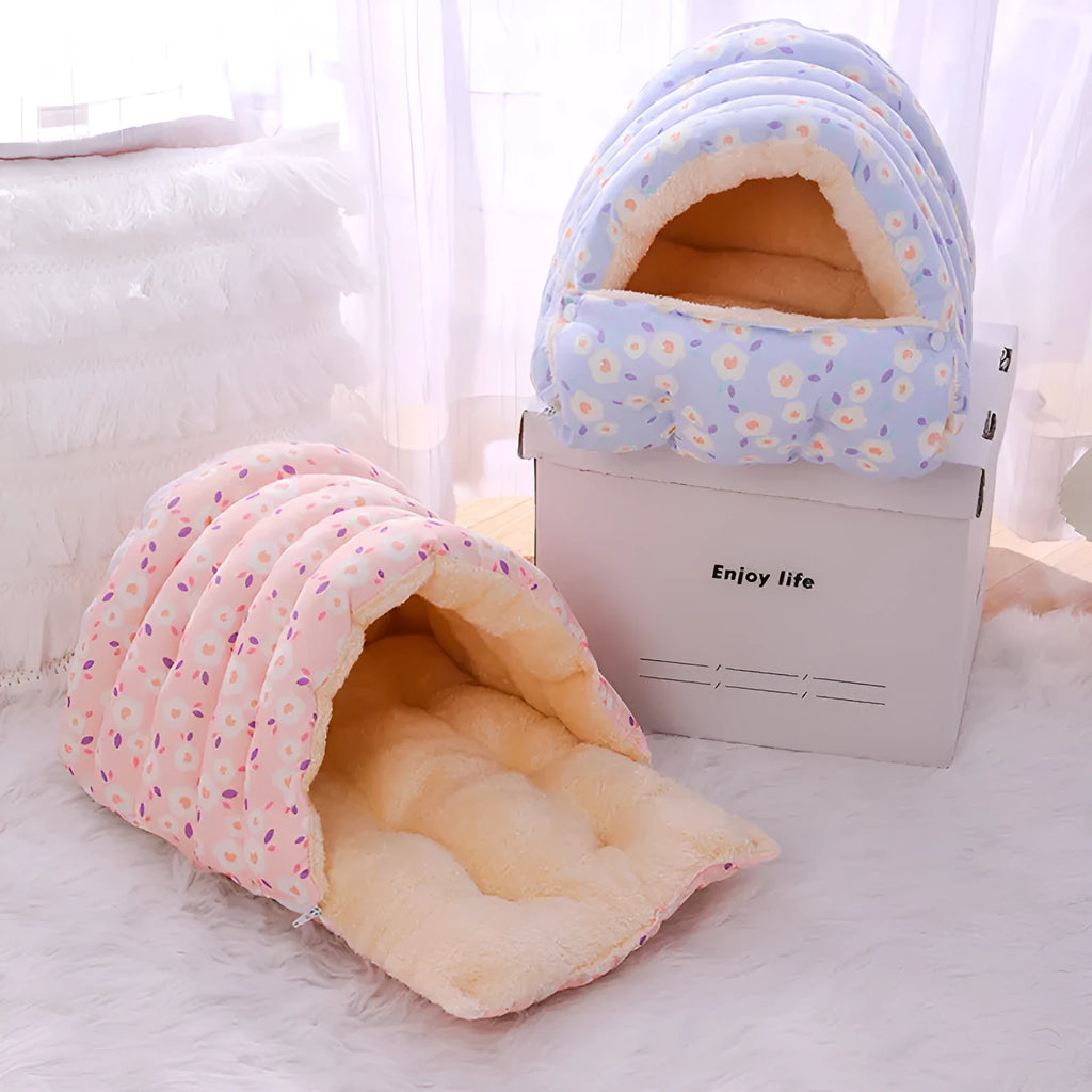 Closed winter cat nest with removable cloth cover in floral pattern