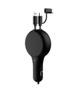 Black retractable car charger with two extended cables showing USB and Type-C heads plugged into a car socket.