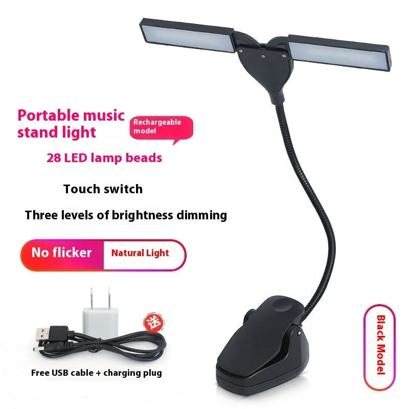 Black rechargeable music stand lamp with 28 LEDs lit up on a metal music stand.