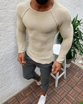 Slim-fit long-sleeved round neck acrylic knit pullover sweater for men in black and apricot