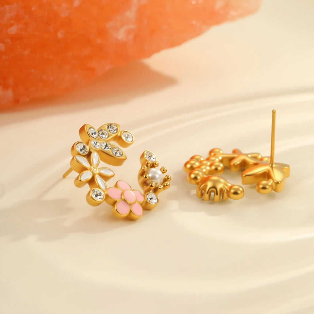 Colourful diamond flower stud earrings with gold plating and petal design