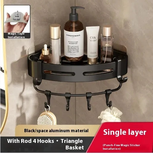 Gun grey punch-free bathroom corner storage rack with triangle basket mounted on wall.