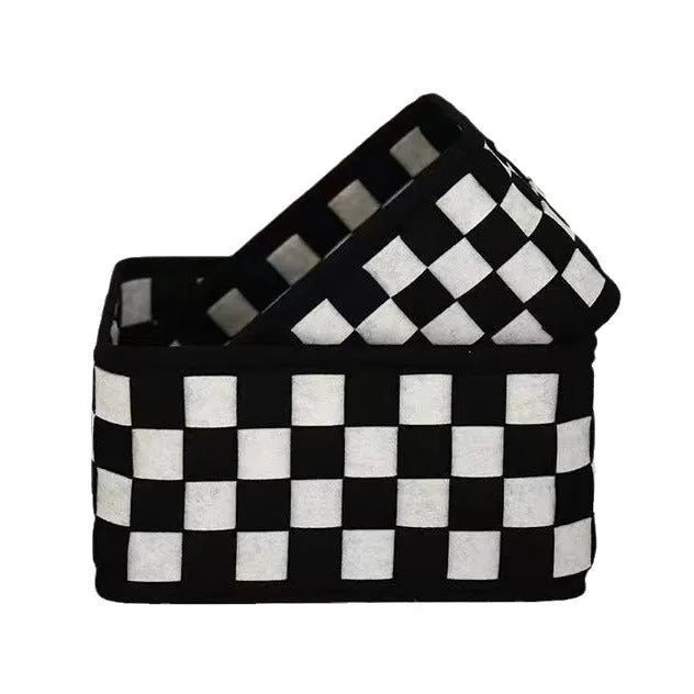 Checkerboard pattern black and white woven felt storage basket with handles