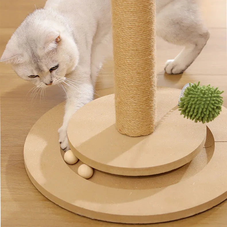 Vertical cat scratching post with natural hemp rope wrap in a canna colour on a simple frame.
