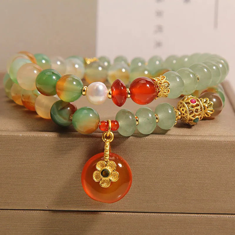 Peacock green agate double ring bracelet for women with safety buckle and rhinestone accents