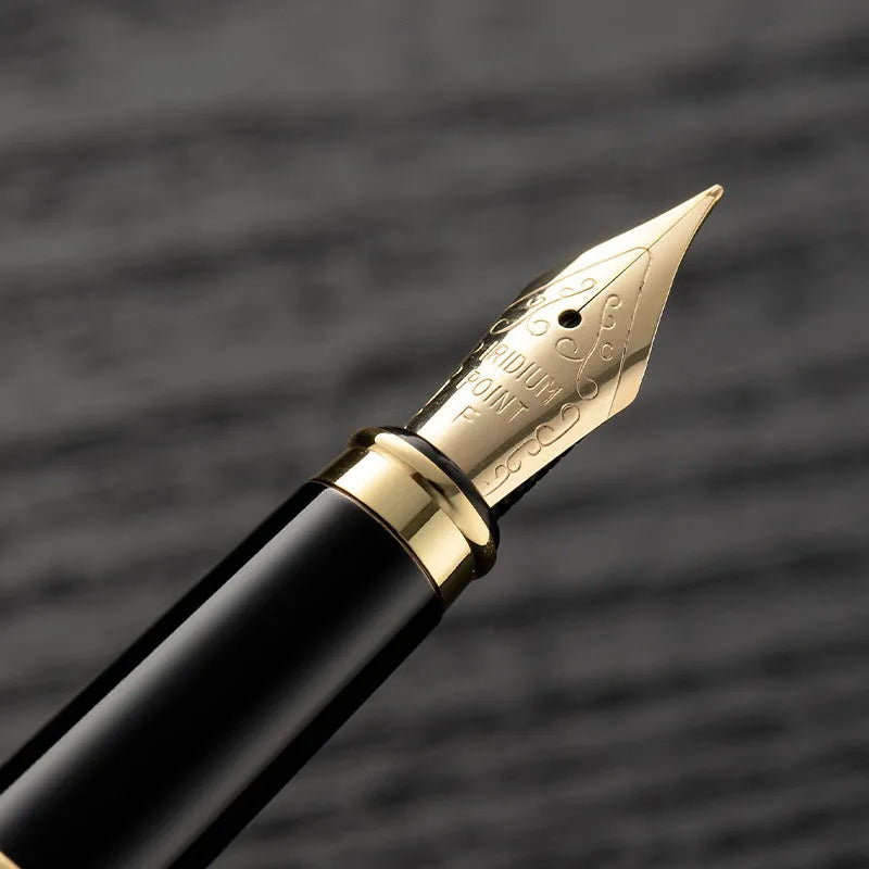Metal fountain pen with colour options including black, blue, red, white with gold or silver clips