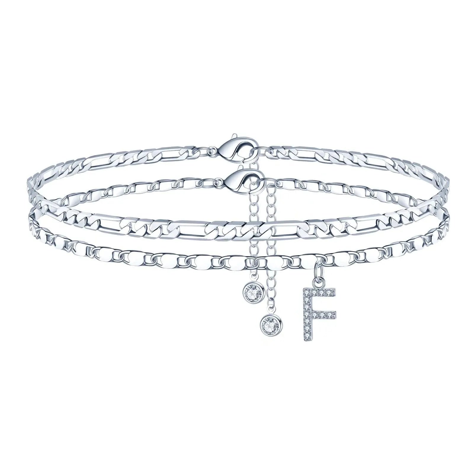 Silver-coloured copper anklet with a double-circle bead engraved with a letter.