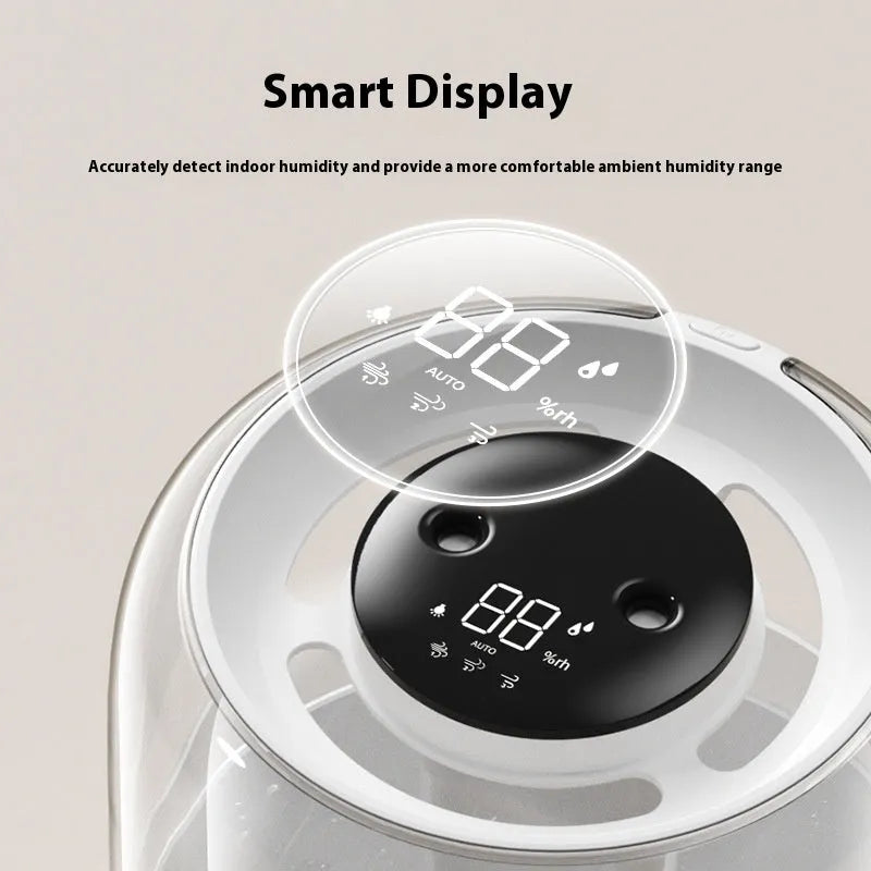 Beige round humidifier with dual spray nozzles, humidity display, and USB power port
