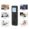 Black MP3 digital voice recorder showing display screen, recording button, and USB port.