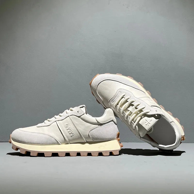 Men's black head layer cowhide lace-up sports shoes with thick sole and round toe on white background