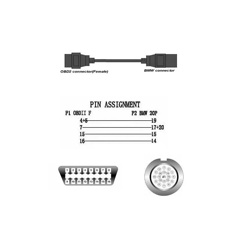 BMW 20-pin to OBD2 16-pin diagnostic adapter connector cable