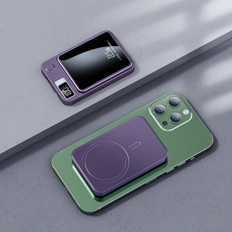 Wireless power bank in black, white, purple, or green with Magsafe charging surface.