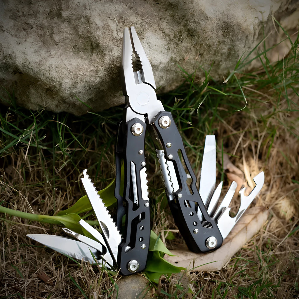 All steel 14-in-1 folding multi-function pliers with locking blade, 10cm folded length, black colour