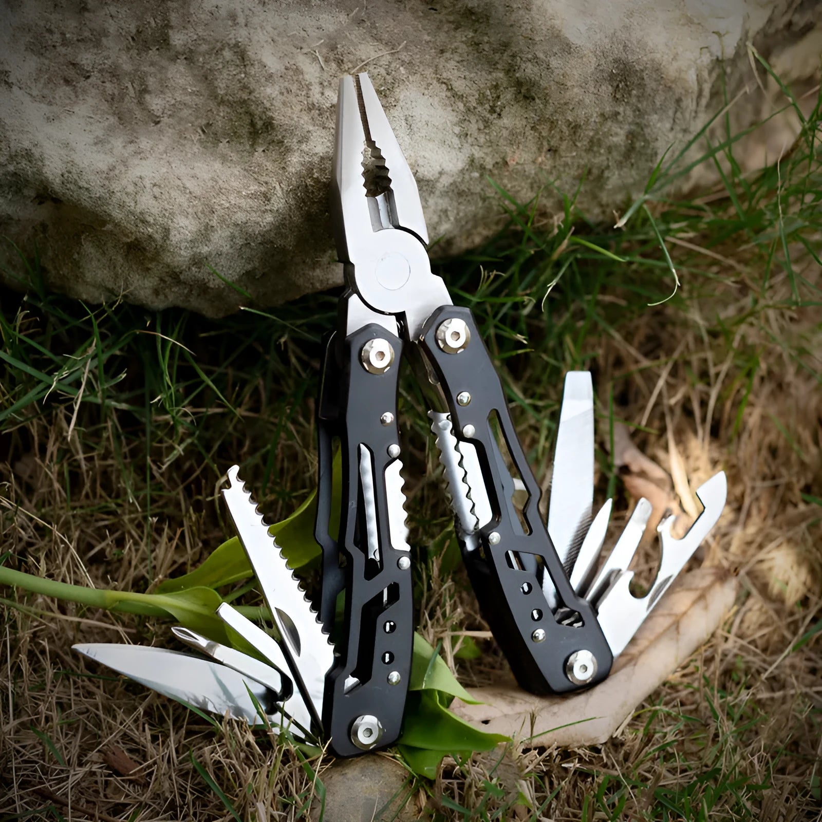 All steel 14-in-1 folding multi-function pliers with locking blade, 10cm folded length, black colour