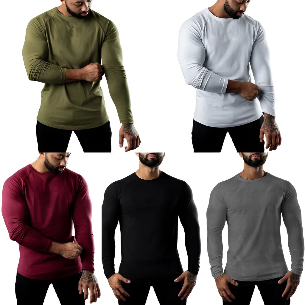 Men's tight-fit cotton sports t-shirt in army green, long sleeve, round neck.