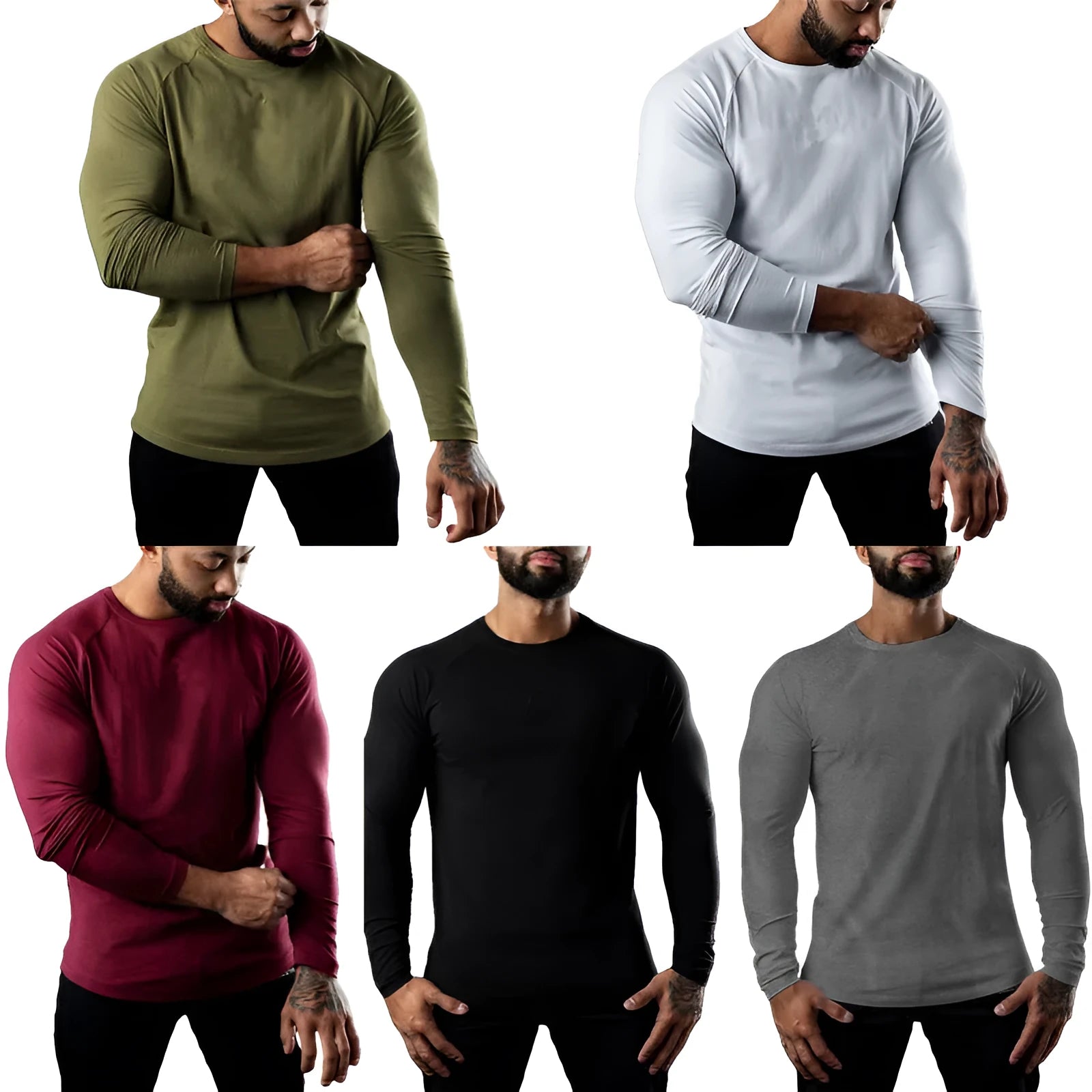 Men's tight-fit cotton sports t-shirt in army green, long sleeve, round neck.