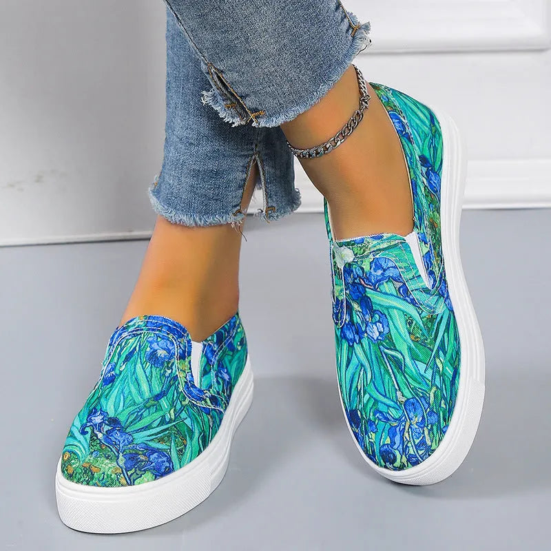 Women's casual canvas slip-on shoes with flat rubber soles in multiple colour options