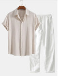 Men's casual loose multi-color beachwear cotton and linen short sleeve suit two-piece set in Beige