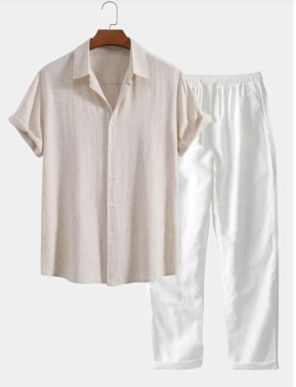 Men's casual loose multi-color beachwear cotton and linen short sleeve suit two-piece set in Beige