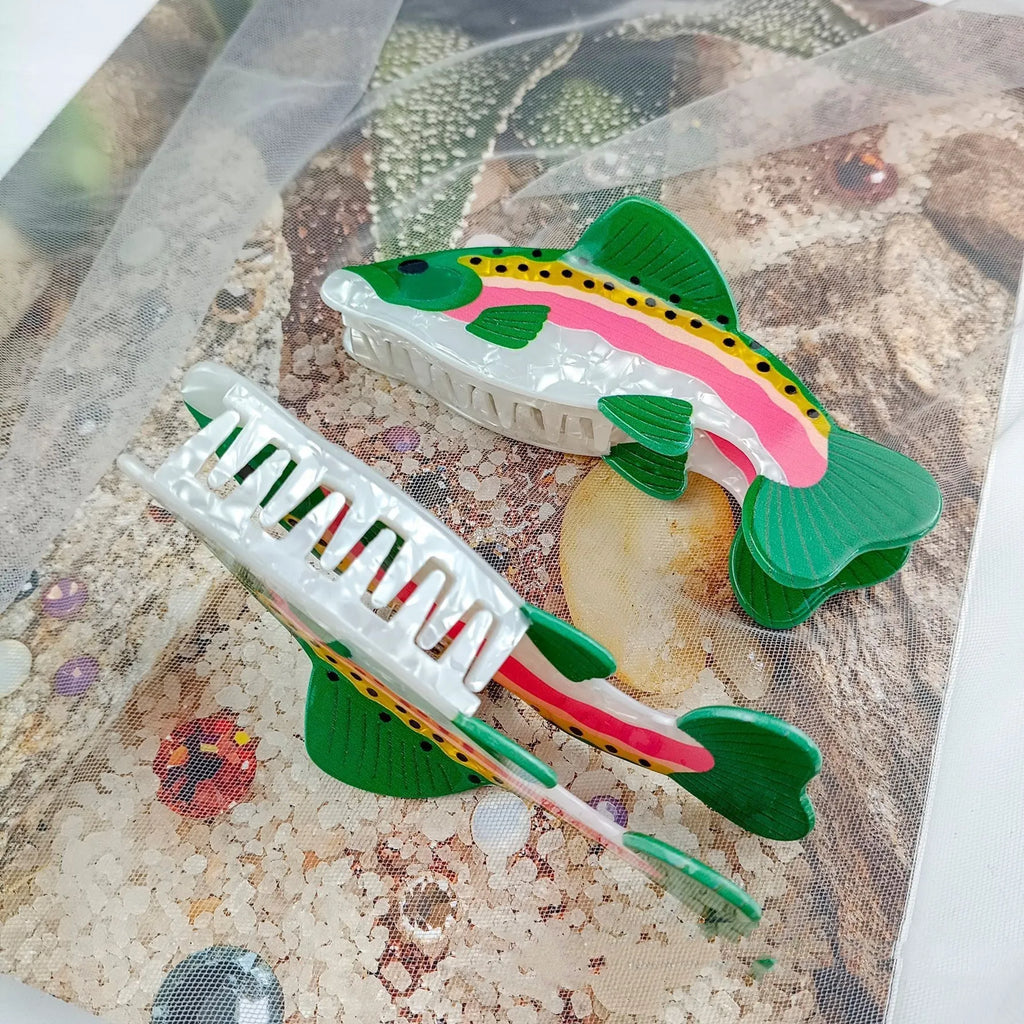 Dark green PVC hair clip with printed rainbow trout marine design and carp elements
