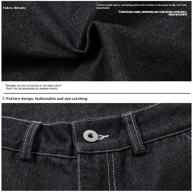 Black multi-pocket pleated work trousers made from non-stretch denim fabric on a mid waist.