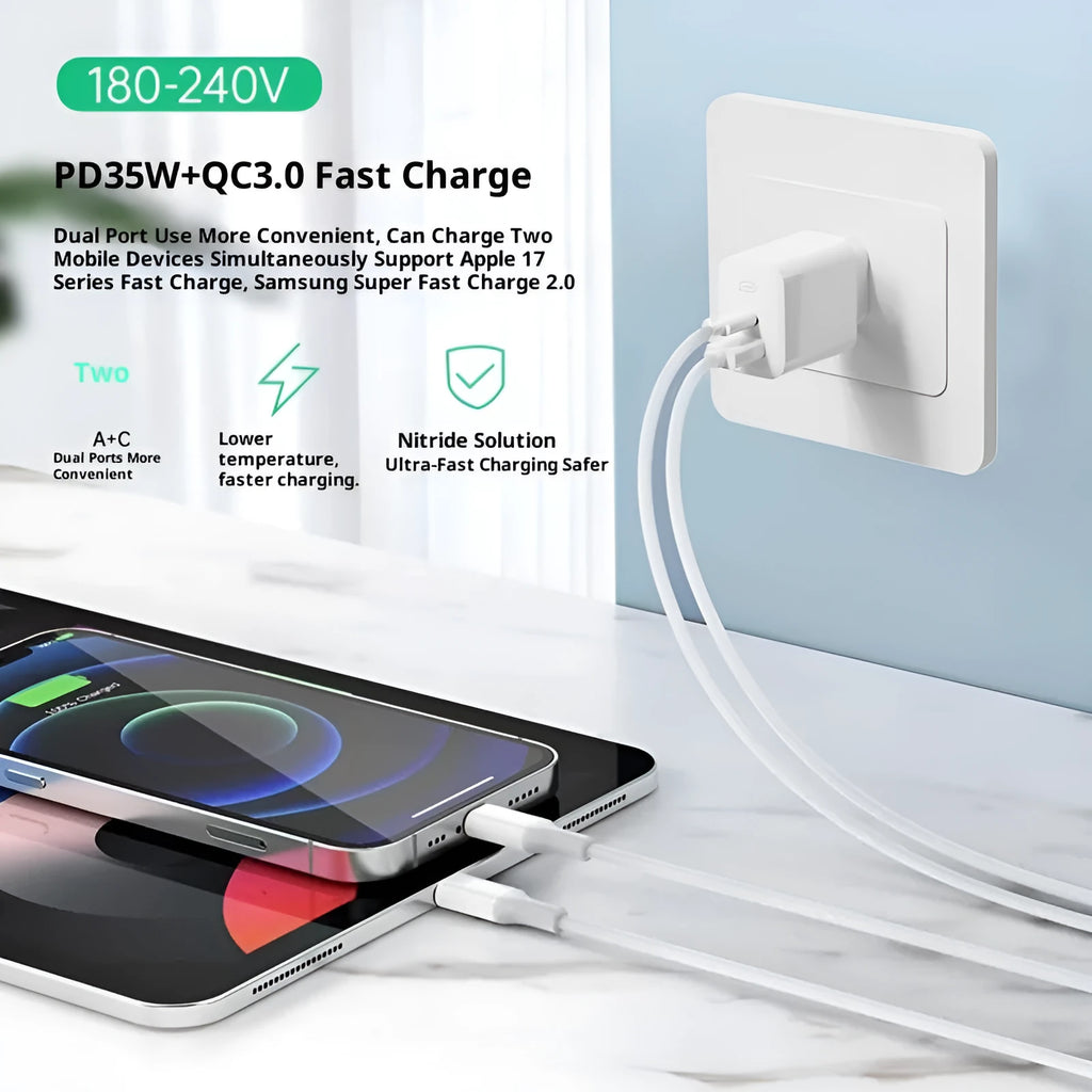 35W European standard multi-port USB charger with two output ports, black colour, compact rectangular design
