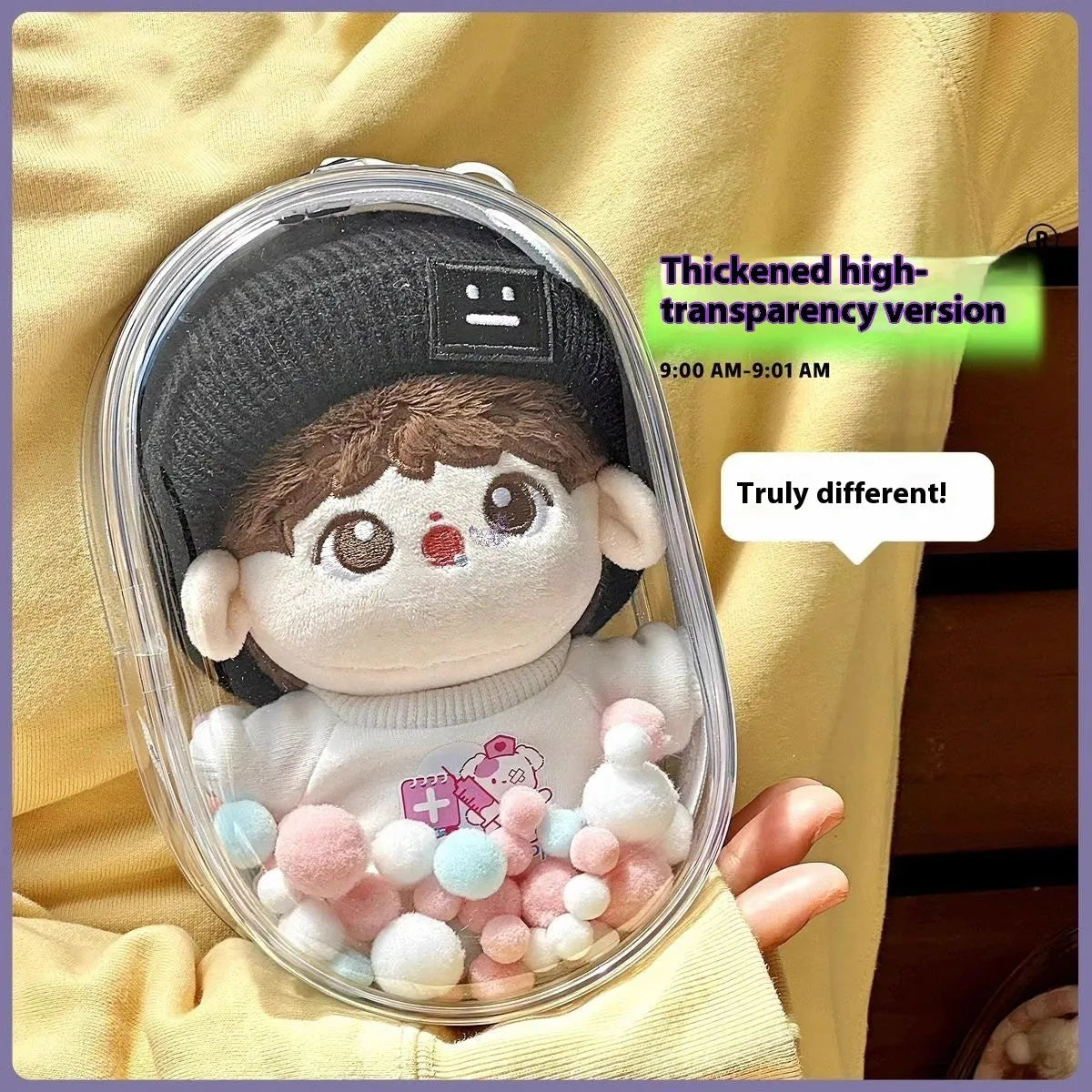 A 17cm avocado green PVC cube storage bag with a keychain for dolls and postcards.