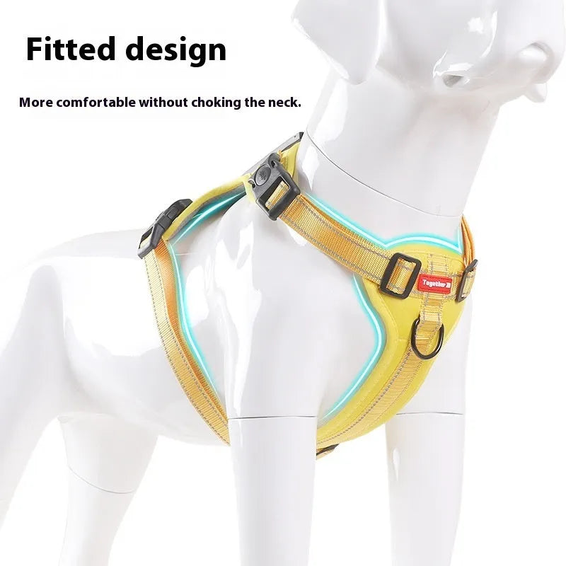 Adjustable polyester dog harness and lead in multiple colours on a size chart.