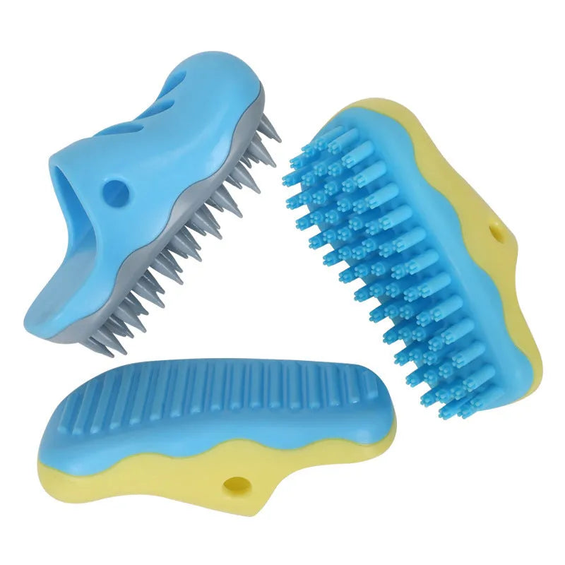 Blue and yellow TPR dog bath massage brushes showing quincuncial head, pointed toe, and horizontal pattern styles.