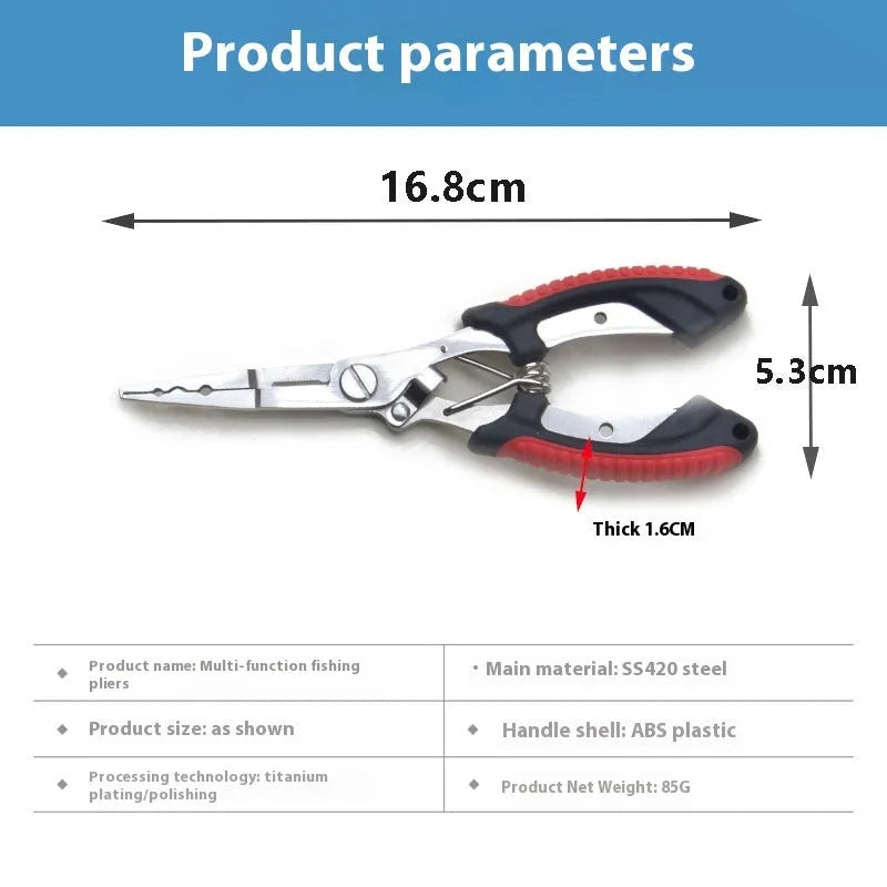 PE39 medium straight mouth fishing pliers with hook, showing SS420 steel construction and coloured ABS plastic handle.