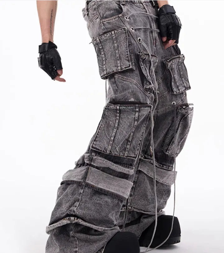 Grey distressed denim overalls with rope stitching mop pants design American style