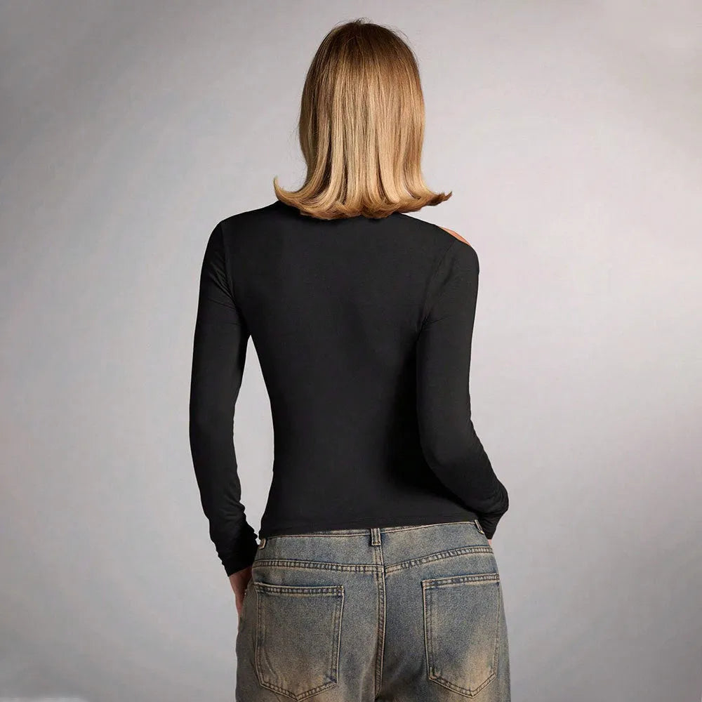 Black women's halter neck top with long sleeves in a slim fit.