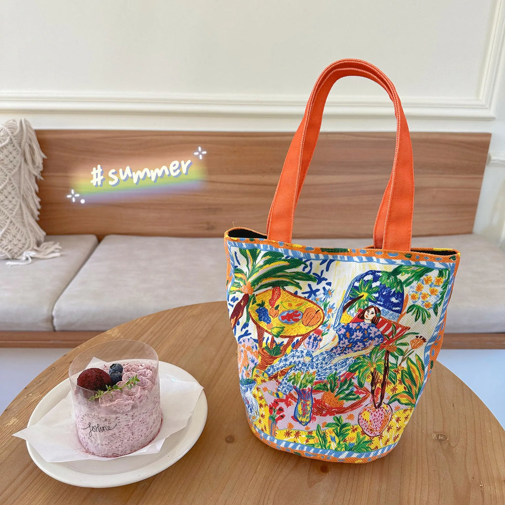 Dream Garden Orange plush canvas bucket bag with double shoulder straps and artistic letter printing