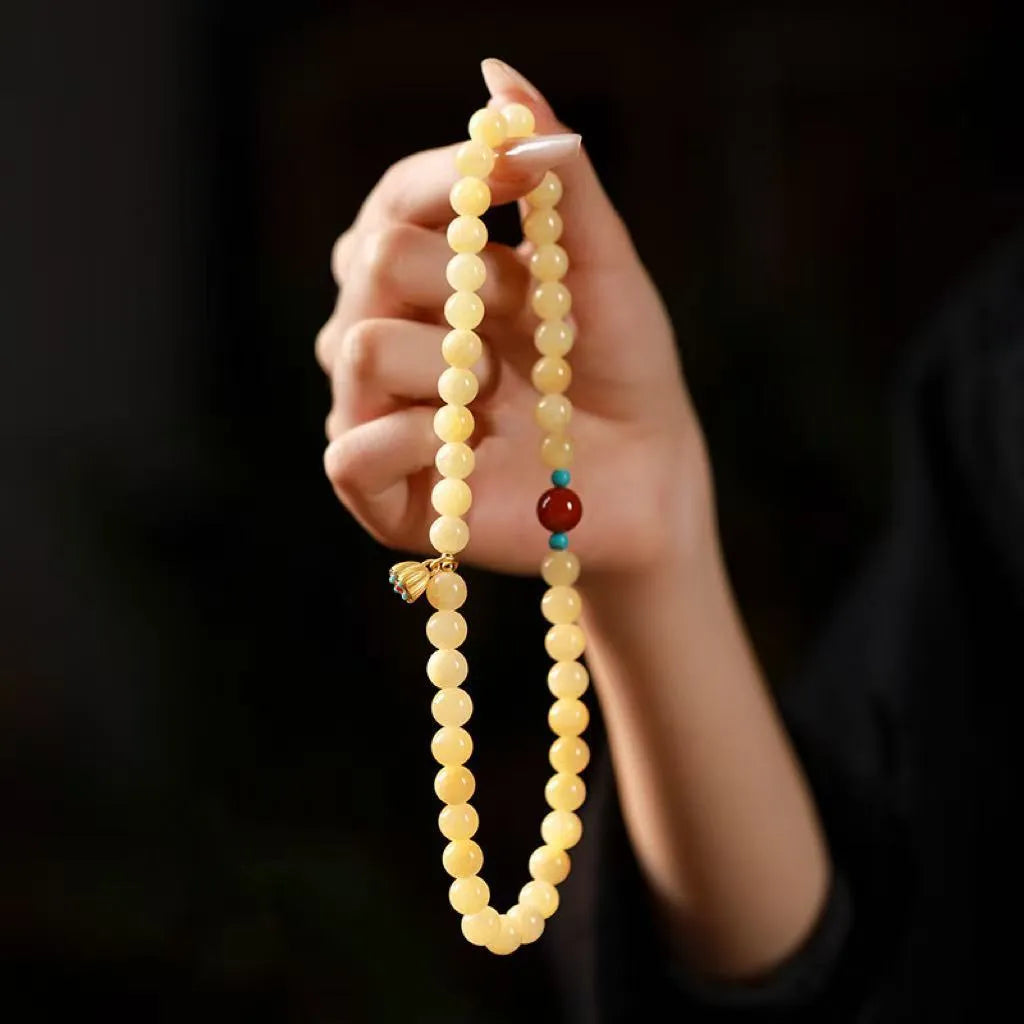 Handmade yellow jade double ring bracelet with lotus seedpod pattern and 8mm 6mm beads