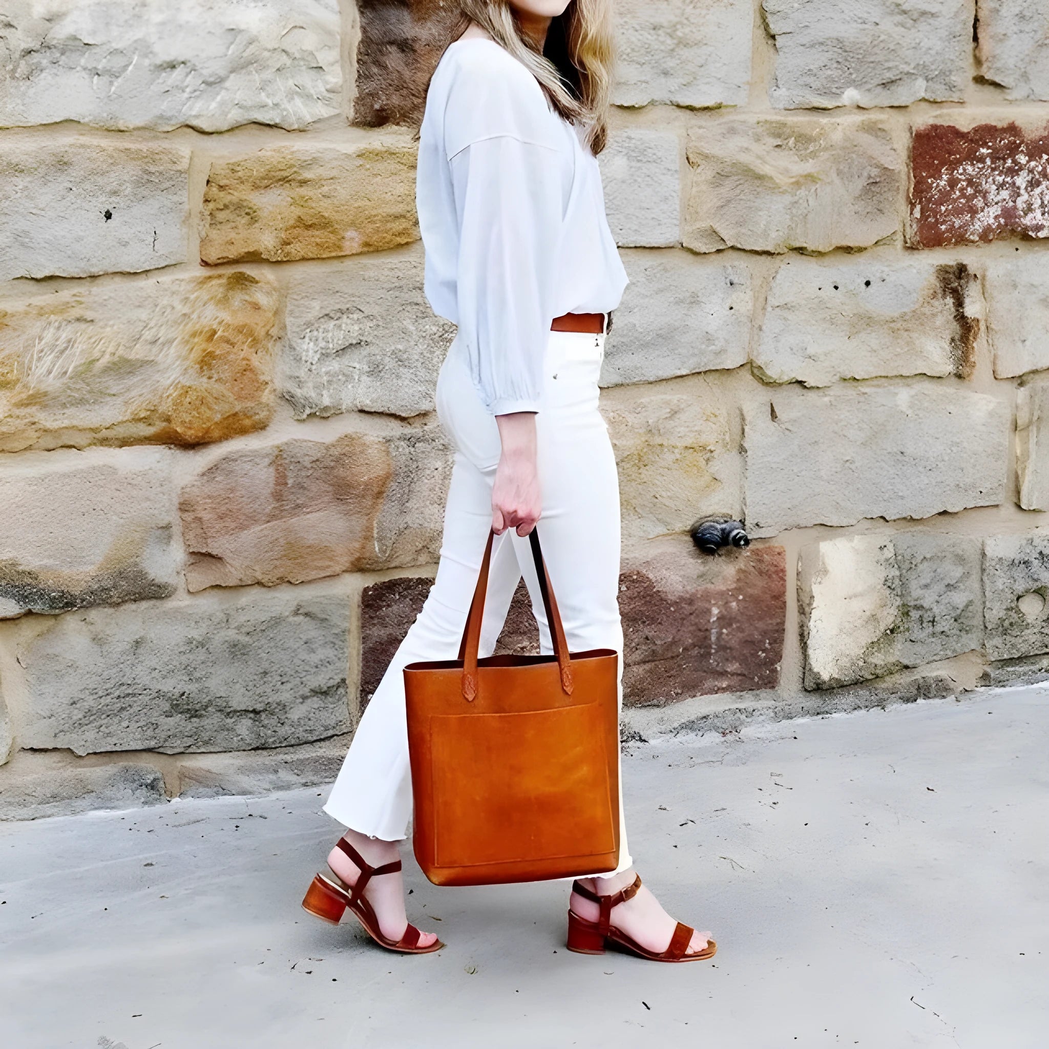 Medium genuine leather tote bag square vertical shape double shoulder straps retro sewing line black or brown