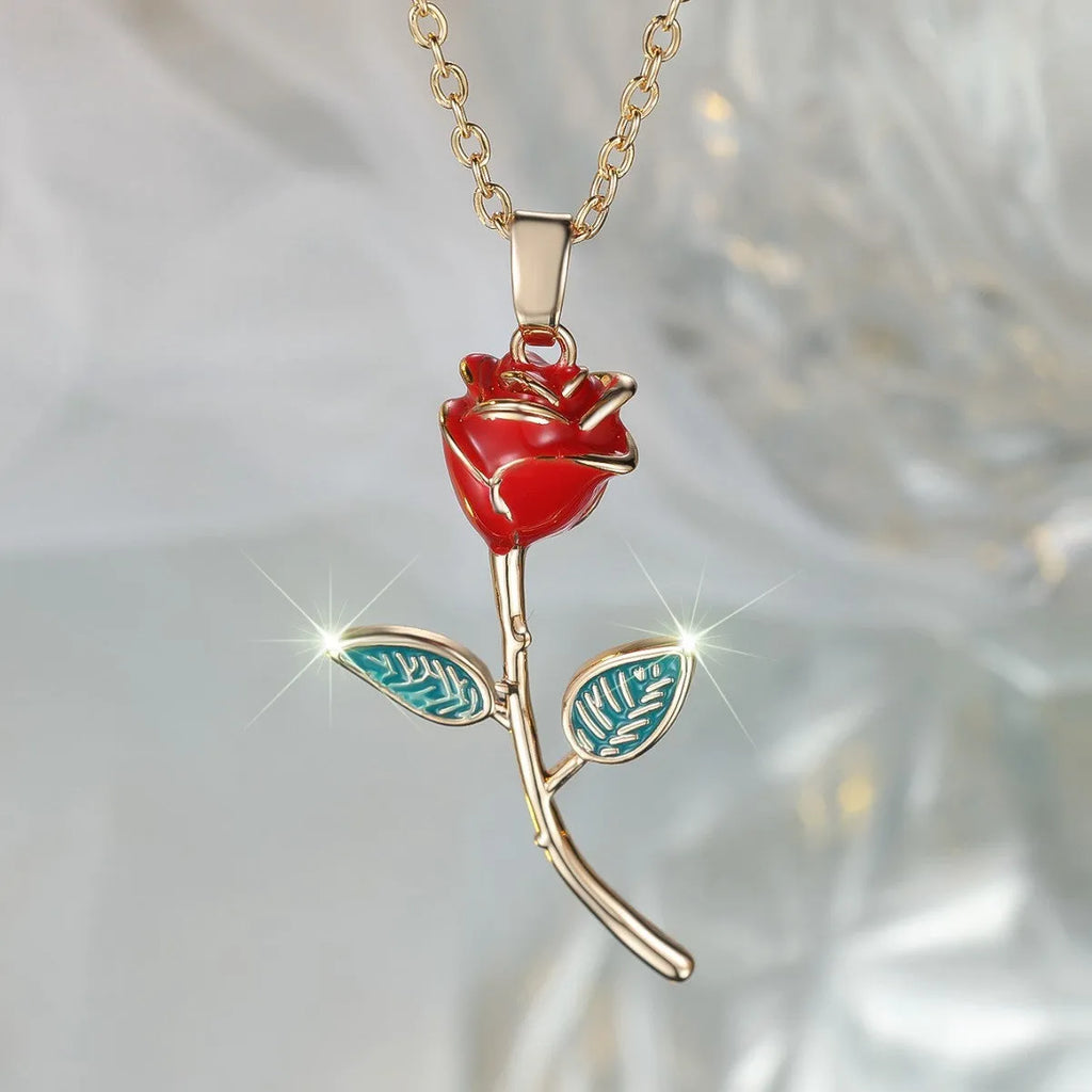 Champagne gold rose-shaped copper pendant necklace on adjustable O-ring chain