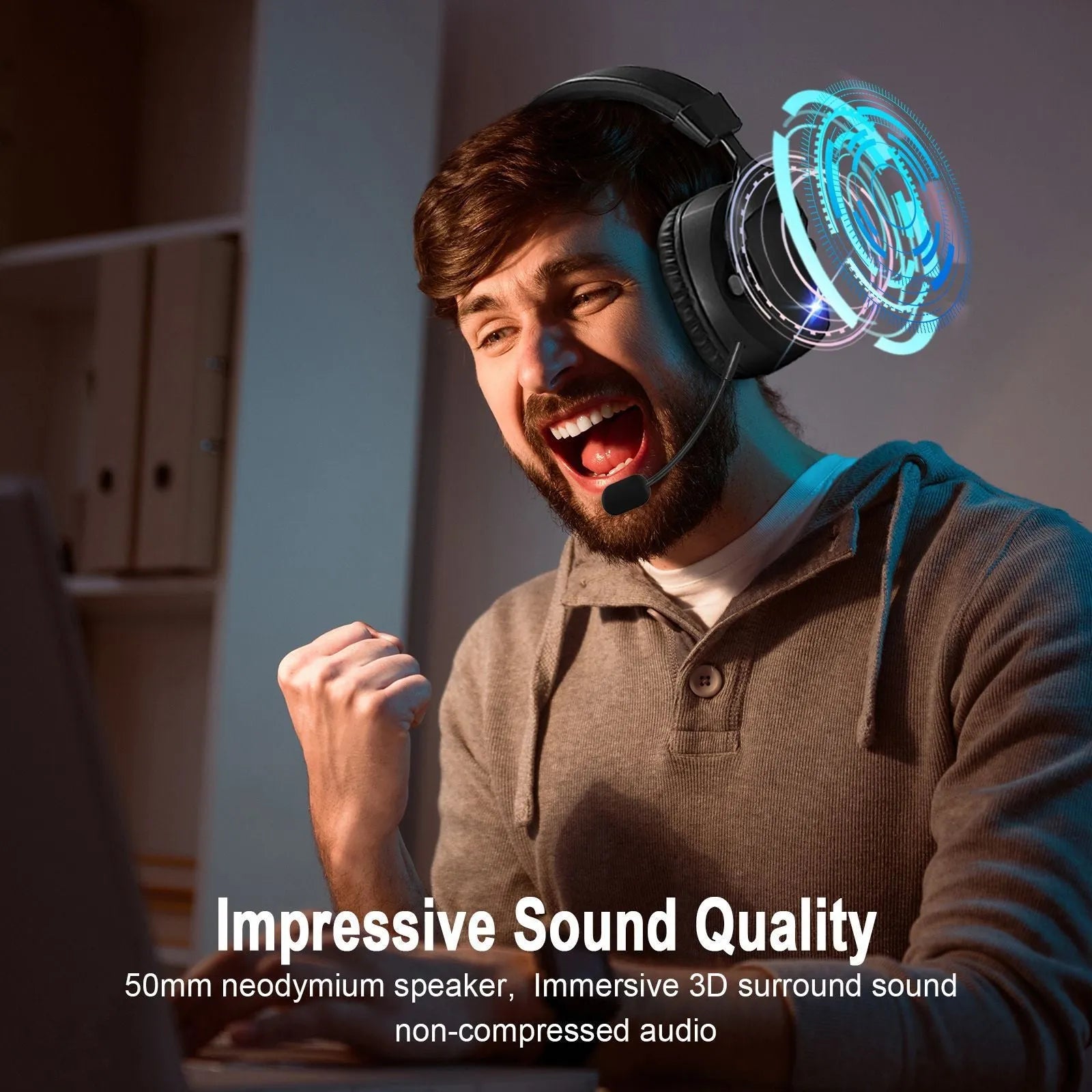 Black over-ear Bluetooth headphones with 2.4G dual-mode for gaming, IPX4 rating, ABS plastic and protein leather construction