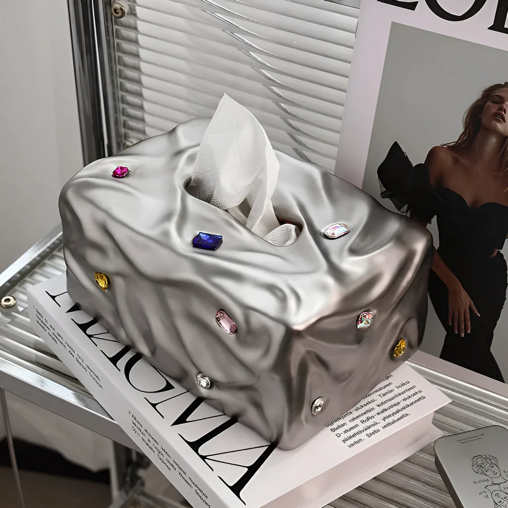 Ceramic tissue box holder in light luxury gem party style, shown in matte coconut milk white and silver electroplated finishes.