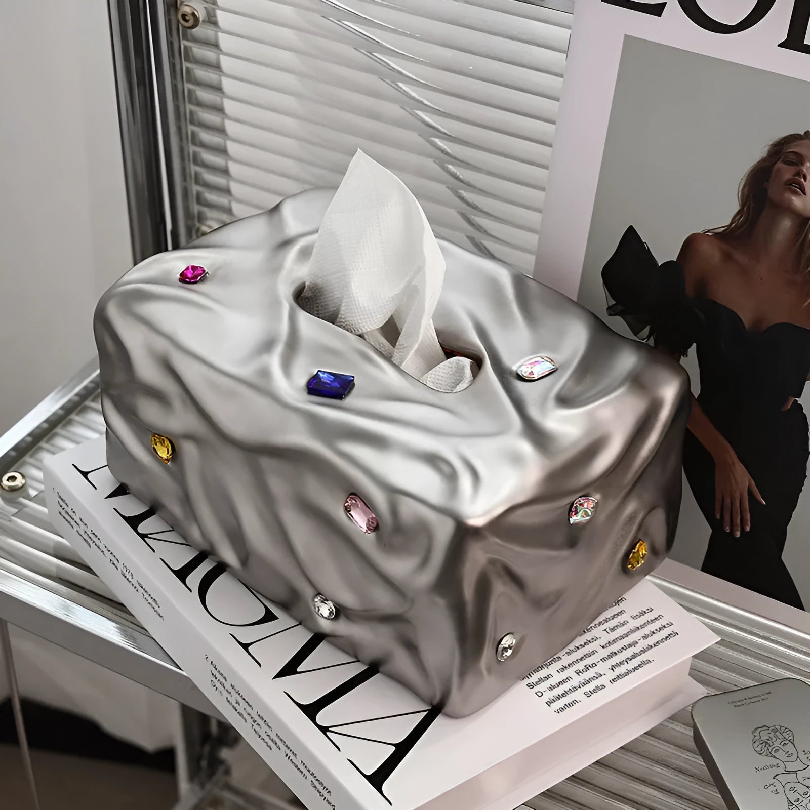 Ceramic tissue box holder in light luxury gem party style, shown in matte coconut milk white and silver electroplated finishes.