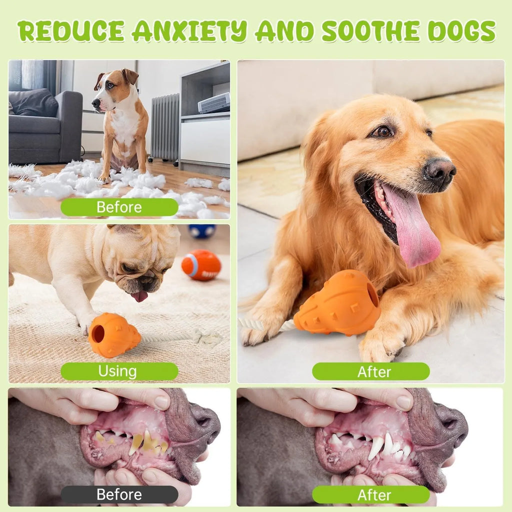 Natural rubber stuffable dog toy with a long strap for fetching, shown next to a measure showing 30cm length.