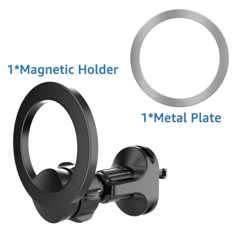Black magnetic car phone holder mounted on car air vent with O-ring bracket