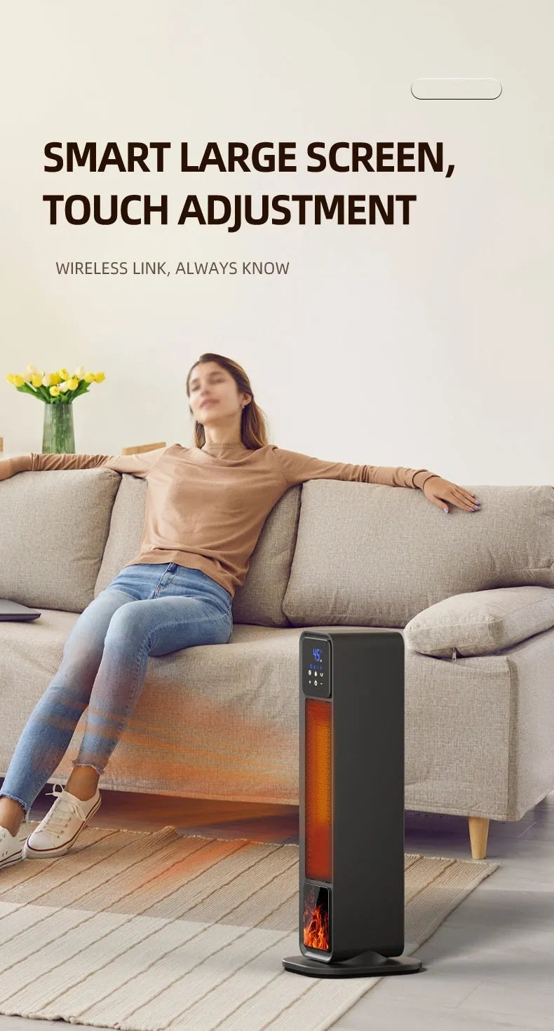 Black home standing electric heater with oscillating head, ceramic heating, and remote control on a floor