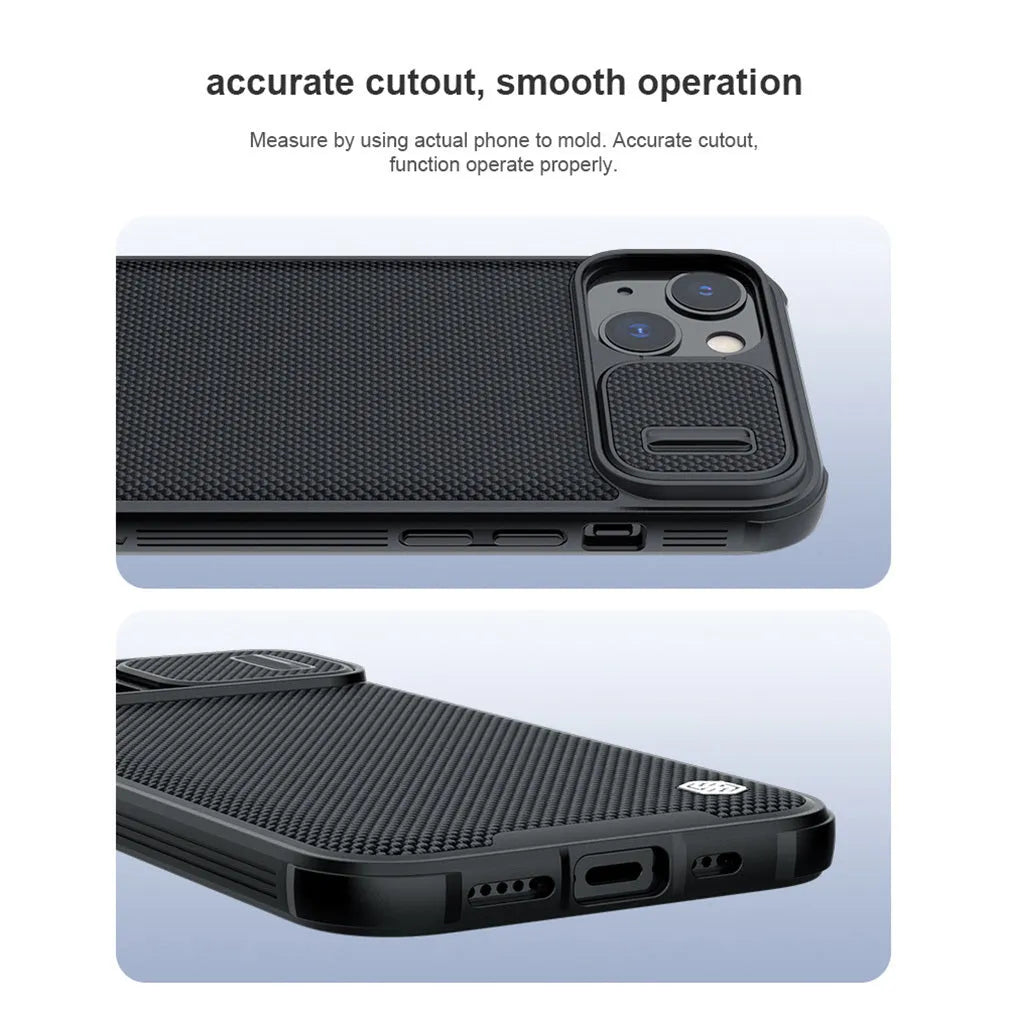 Black textured sliding phone case for Apple iPhone 13 Pro Max, shown from the back.