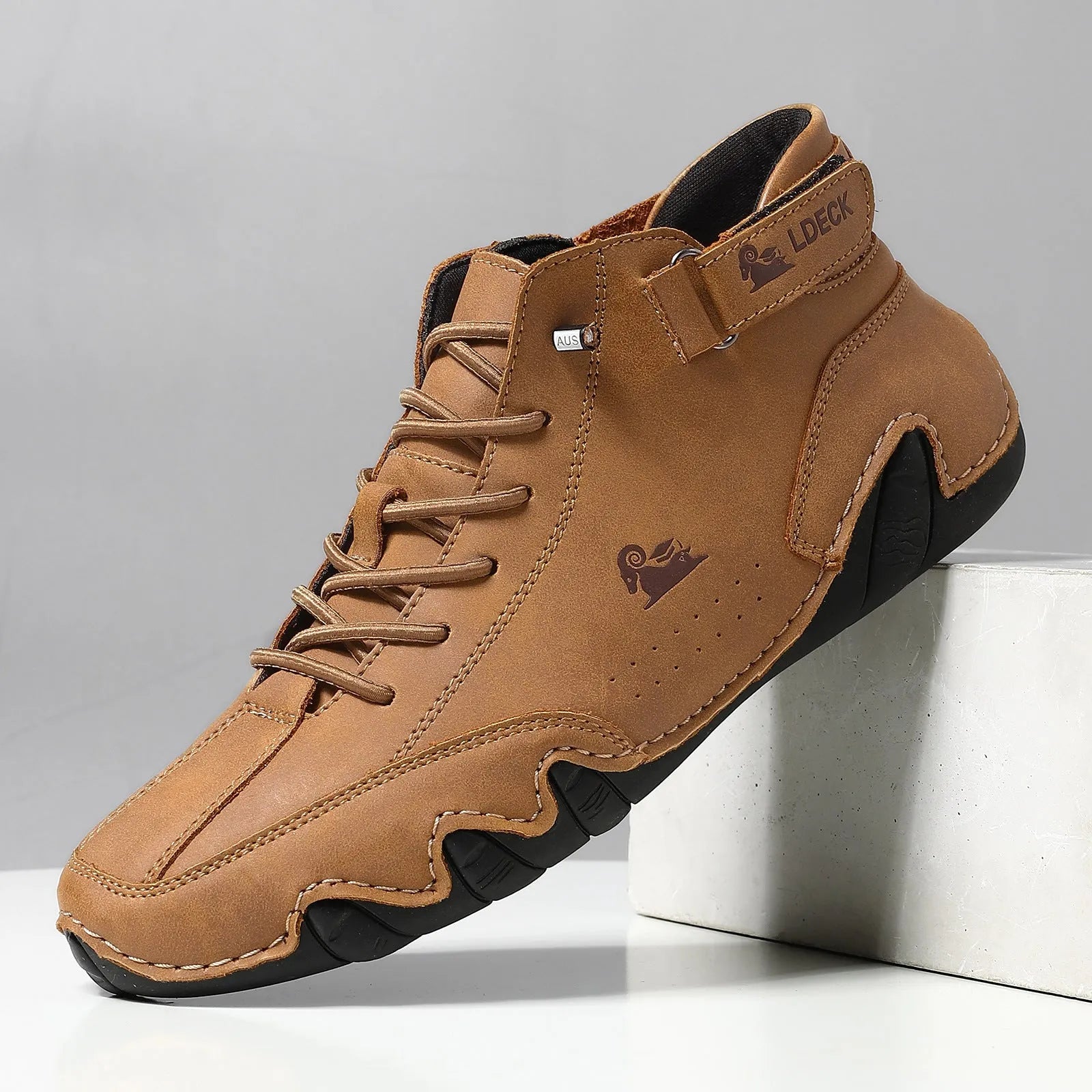 Men's khaki high-top casual shoes with a microfiber upper and a flat rubber sole.